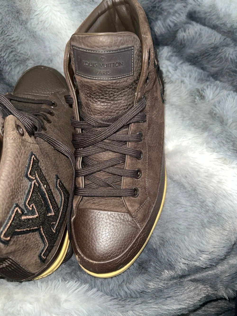 Louis Vuitton Brown Leather High-Top Sneakers with Yellow Sole - Picture 3 of 6